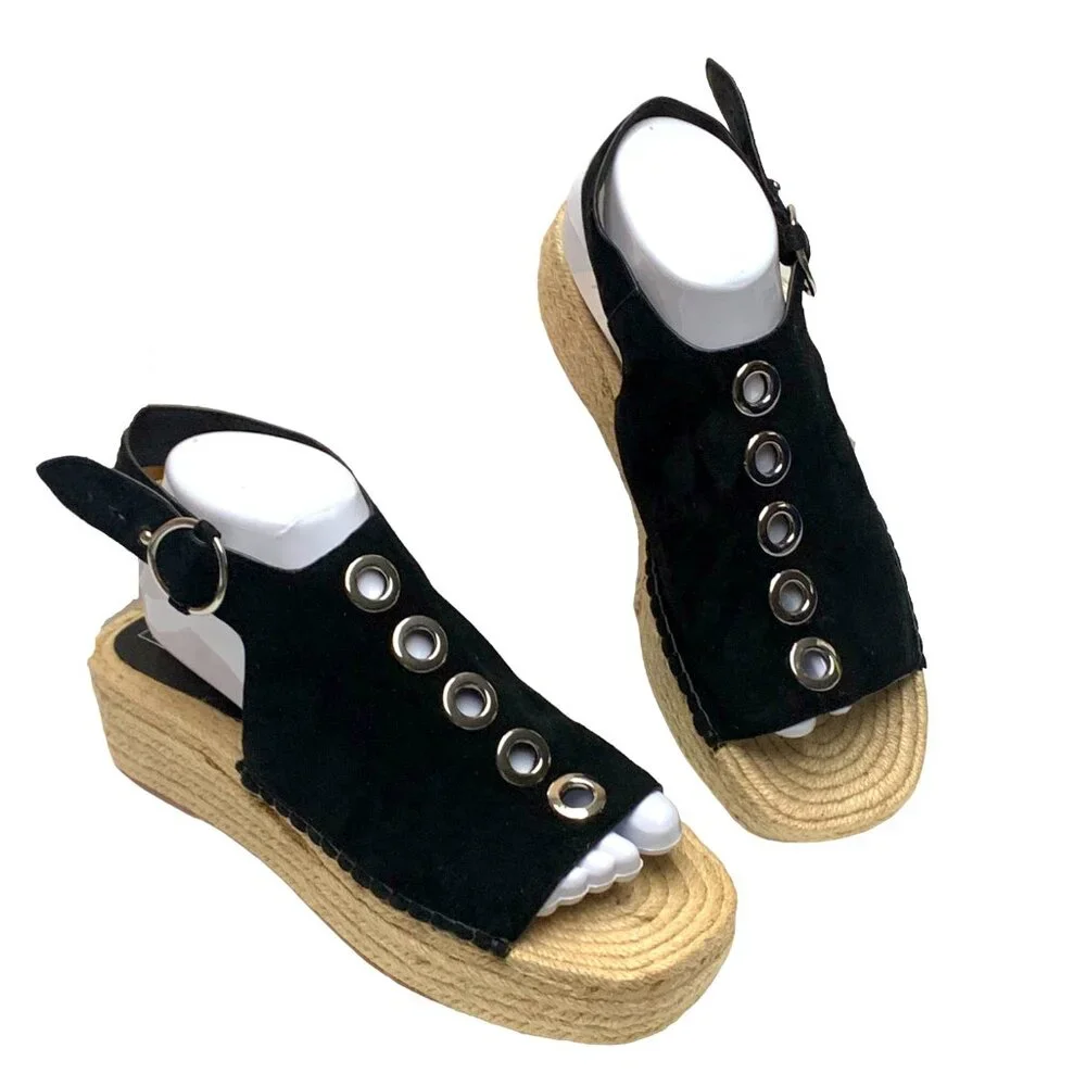 SOL SANA‎ Black Suede Jute Platform Slingback Espadrille Sandals **NWOB